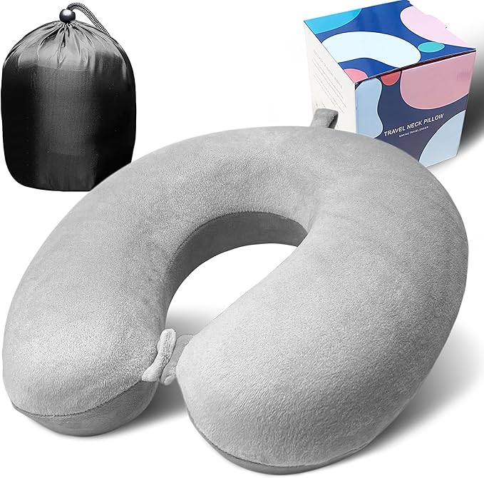 Neck Pillow for Airplane Travel, 100% Pure Memory Foam Travel Neck Pillow for Sleeping & Travel Essentials for Neck Rest, Grey, Pack with Box