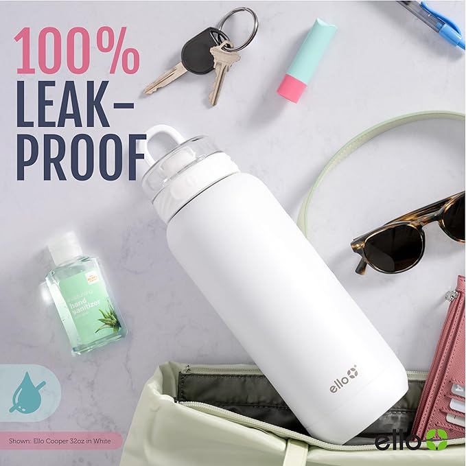 Ello Cooper 32oz Stainless Steel Water Bottle with Straw and Carry Handle, Double Walled and Vacuum Insulated Metal, Leak Proof Locking Lid with Soft Silicone Spout, Reusable, BPA Free, White Marble