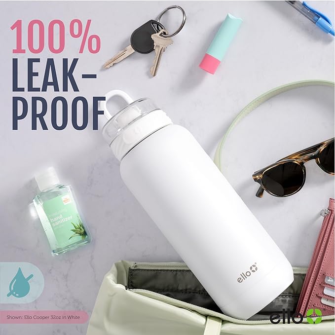 Ello Cooper 40oz Stainless Steel Water Bottle with Straw and Carry Handle, Double Walled and Vacuum Insulated Metal, Leak Proof Locking Lid with Soft Silicone Spout, Reusable, BPA Free, Bubblegum