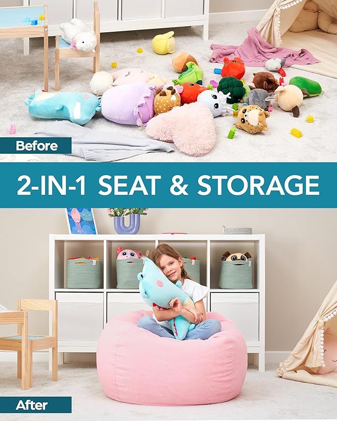 Stuffed Animal Bean Bag Storage (No Filler) - Machine Washable Kids Bean Bag Chair - Extra Large Pink Bean Bag Chair Cover Stuff Toys & Soft Items - Stuffed Animal Holder for Girls -Pink Corduroy