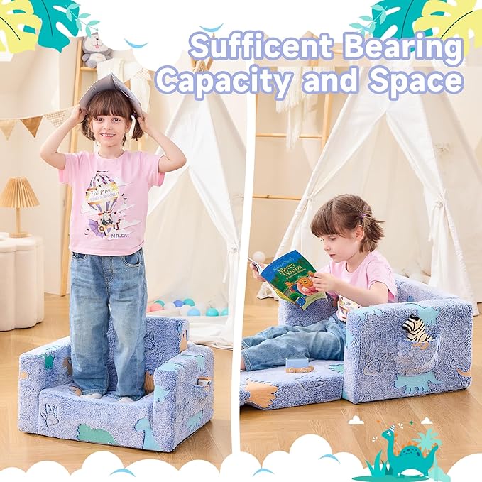 Toddler Chair, Toddler Couch, Kids Couch, Kids Sofa Chair 2 in 1, Comfy Toddler Chair Folding Out for Boys, Girls, Glow in The Dark Extra Soft Open Couch for Playroom, Gifts for Kids, Dinosaur