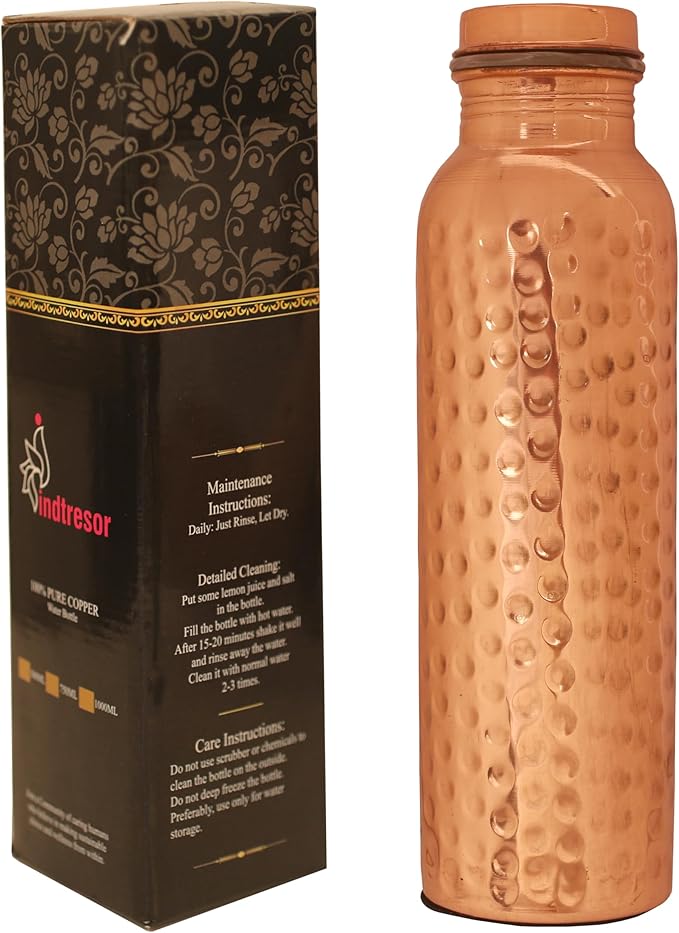 Pure Copper Water Bottle - Handcrafted - Ayurveda health benefits - Large 35 oz - Leak proof, Easy to carry for Sports, Fitness, Yoga, School - Natural Hammered Beaten Copper Finish