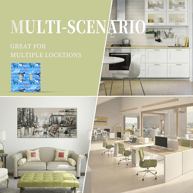 Sharks and Ocean Fish Double Toggle Light Switch Covers 2 Gang Wall Plate Dual Decorative Switchplate Electrical Faceplate for Bathroom Country Kitchen Bedroom Decor, 4.9" x 5"