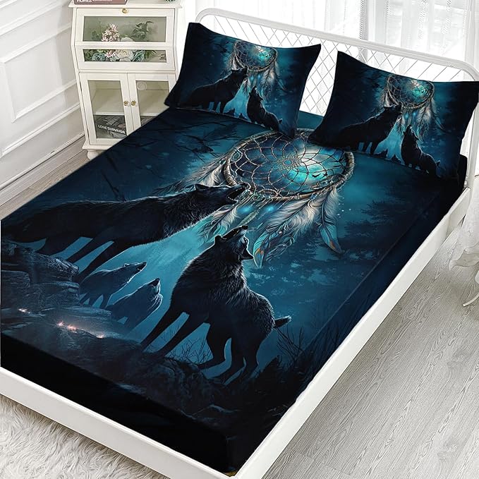 AILONEN Howling Wolf Fitted Sheet Set Full Size, 3 Pieces Teen Boys Bedding Set Safari Animal Themed Sheet Set,Dreamcatcher Bed Sheet Set Evening Forest Wolf Fitted Sheet with 2 Pillowcases