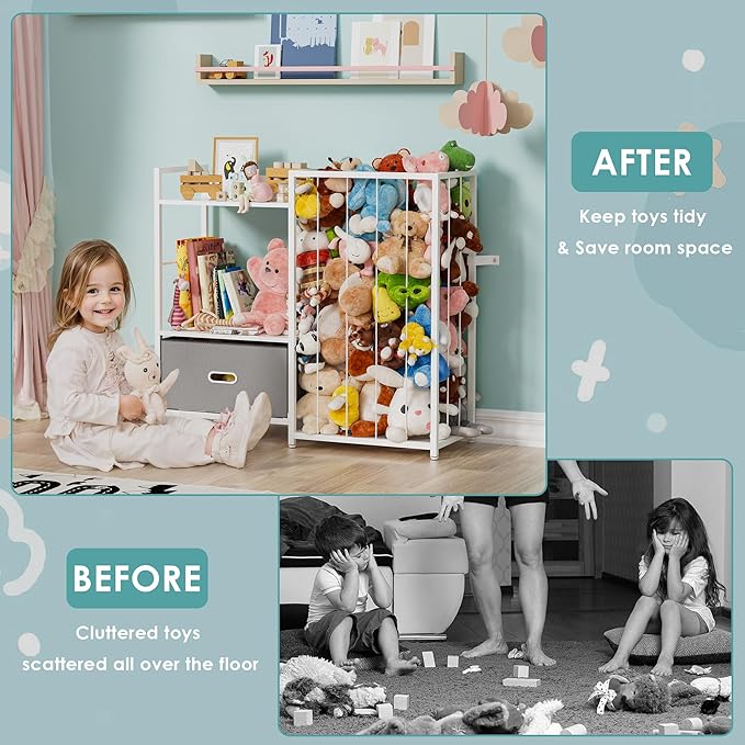 Stuffed Animal Storage, Metal Toy Storage Organizer Shelf with Kids Bookshelf, Sturdy Plushie Toys Holder Bin Multipurpose Toys Book Rack Zoo Cage for Kids Room, Nursery, PlayRoom, Birthday, White