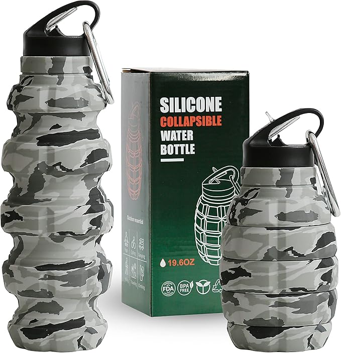 Collapsible Water Bottle 19.6oz - Gift Box, Carabiner, Leak Proof Lid - Collapsible Water Bottles for Traveling - Gifts for Husband & Veterans Day Gift - Reusable & Foldable Gift for Travelers (Gray)