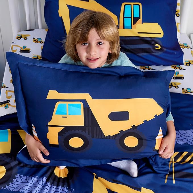 Joiedomi Kid Twin Comforter Set - 5 Piece Construction Vehicle Bedding Set for Boys/Girls - Super Soft Microfiber Bed in a Bag with Comforter, Sheets, Pillowcase & Sham