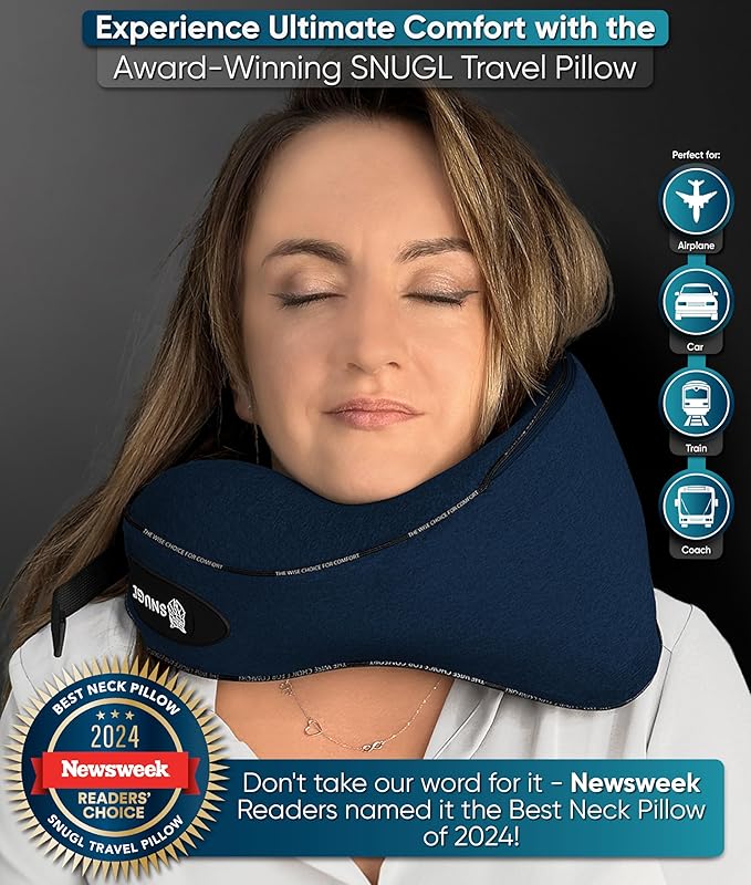 SNUGL Neck Travel Pillow - Memory Foam Airplane Pillow - Flight Pillow | Neck Support Travel Pillow with Carry Bag & Clip | Neck Pillows for Sleeping Travel Plane | Flying Travel Essentials - Navy