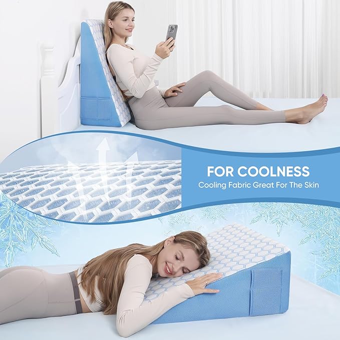 Forias Cooling Wedge Pillow for Sleeping,12" Bed Wedge Pillow for After Surgery,Acid Reflux, Snoring,Memory Foam Top Triangle Pillow Wedge with Breathable Cooling Cover