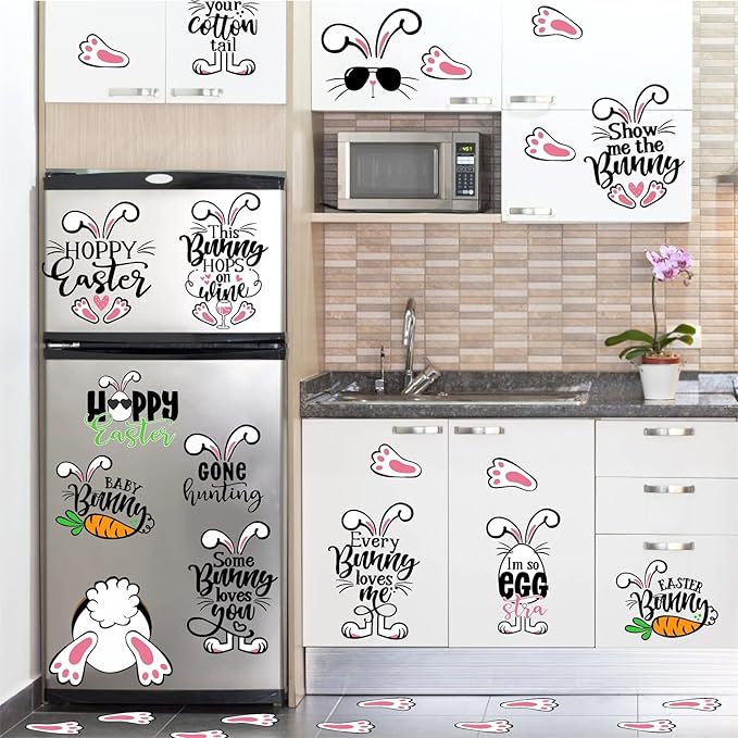 Easter Wall Stickers Easter Bunny Paw Print Stickers Funny Bunny Footprint Stickers Peel and Stick Wall Art Decals Kid Baby Room Easter Decorations Easter Quote Wall Decals for Fridge Window Cling