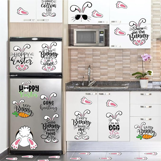 Easter Wall Stickers Easter Bunny Paw Print Stickers Funny Bunny Footprint Stickers Peel and Stick Wall Art Decals Kid Baby Room Easter Decorations Easter Quote Wall Decals for Fridge Window Cling