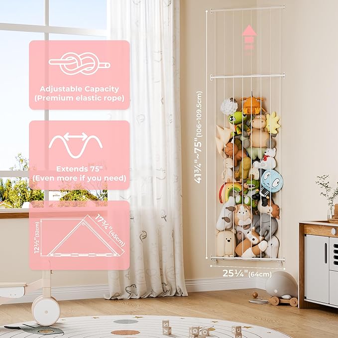 GRANNY SAYS Stuffed Animal Storage, Corner Stuffed Animal Holder for Toy Storage, Large Stuff Animal Organizer with Adjustable Length, Hanging Kids Toy Organizers for Plushies Storage, Pink