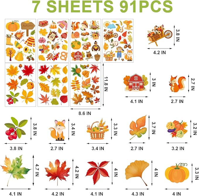 Fall Window Clings Autumn Maple Leaf Window Static Stickers Double-Sided Leaves Pumpkin Turkey Window Door Cling Removable Reusable Window Stickers Thanksgiving Party Window Door Decor