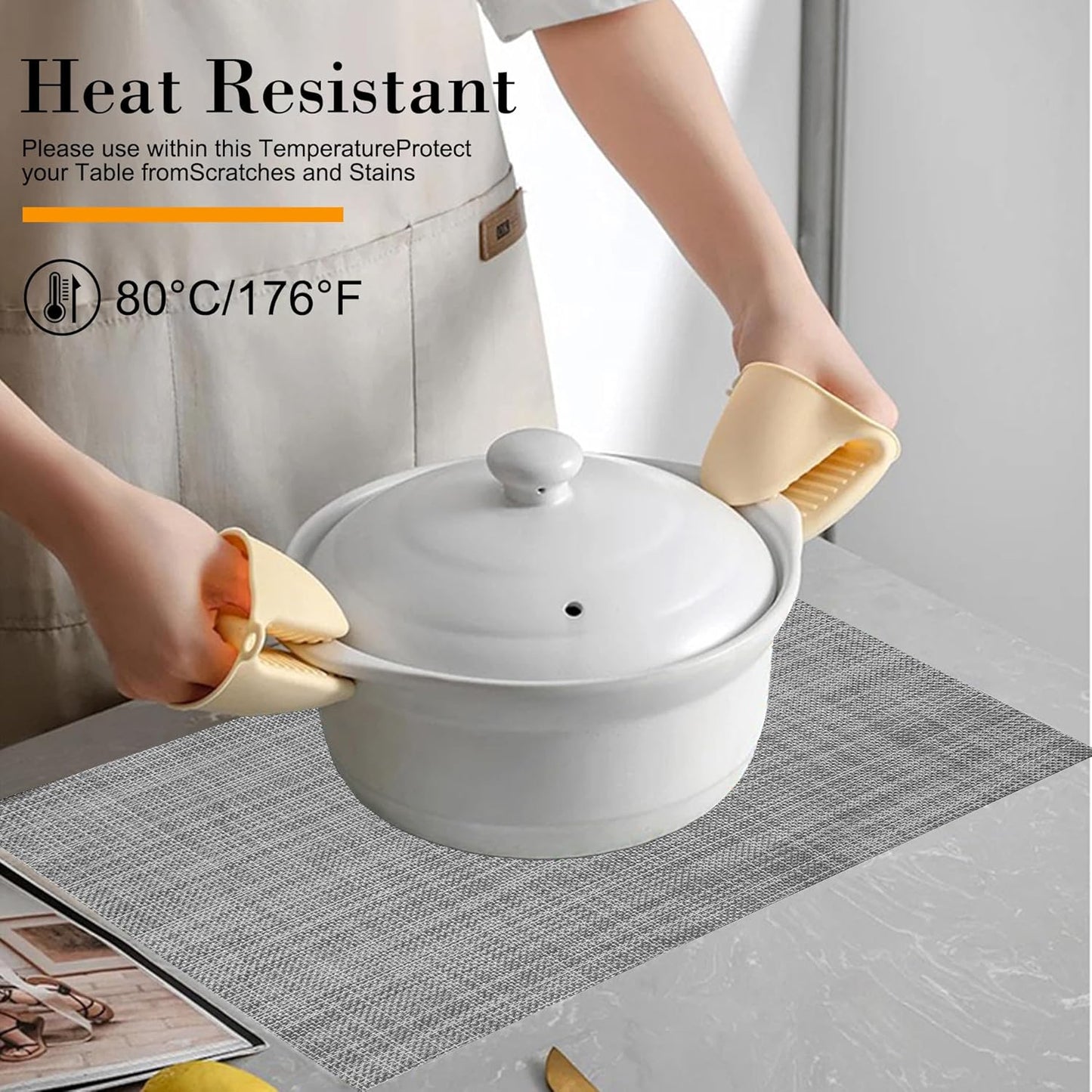 Placemats Set of 6 Washable Indoor/Outdoor Vinyl Place Mats for Dining Table Durable Non-Slip Heat Resistant PVC Weave Table Mats（Gray）