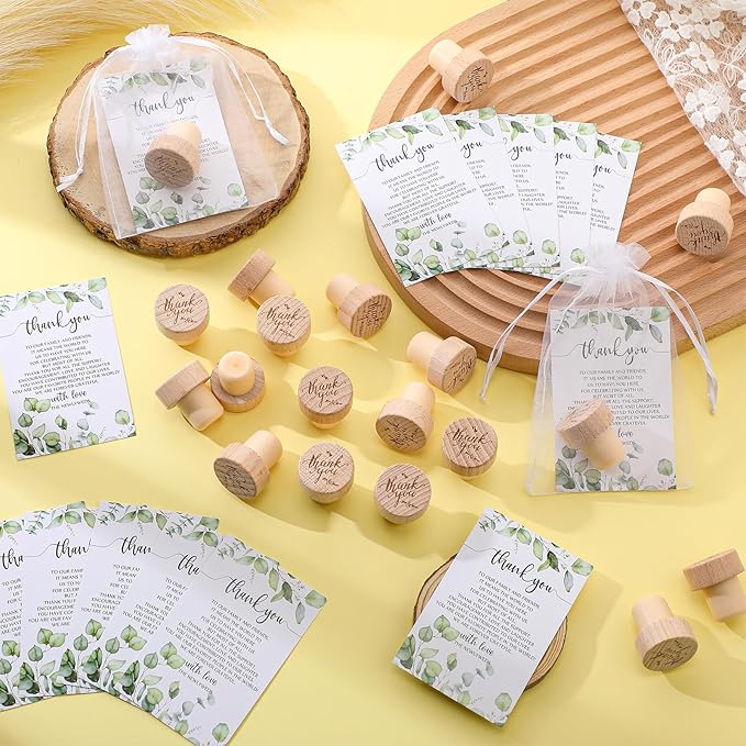 Barydat 50 Sets Wedding Favors for Guests Bulk Engraved Wood Wine Bottle Corks Wine Stopper with Wedding Thank You Cards and Organza Bags Wedding Appreciation Gifts for Guest Thank You Gifts (Stylish)