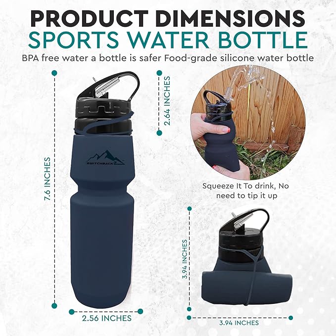 Collapsible Water Bottle (25Oz) - BPA Free Silicone Space Saving Collapse Water Bottle W/ Removable Straw | Temperature Resistant Collapsible Water Bottles For Travel And Rugged Outdoor Activities
