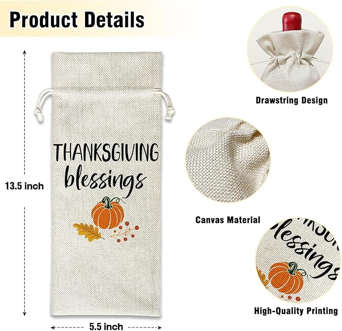 Wine Canvas Bag, Thanksgiving Wine Gift Bag, Thanksgiving Gifts for Friends Coworker Autumn Harvest Party Wine Bags for Wine Bottles, Wine Gifts With Drawstring Holiday Fall Party Decoration -WB37