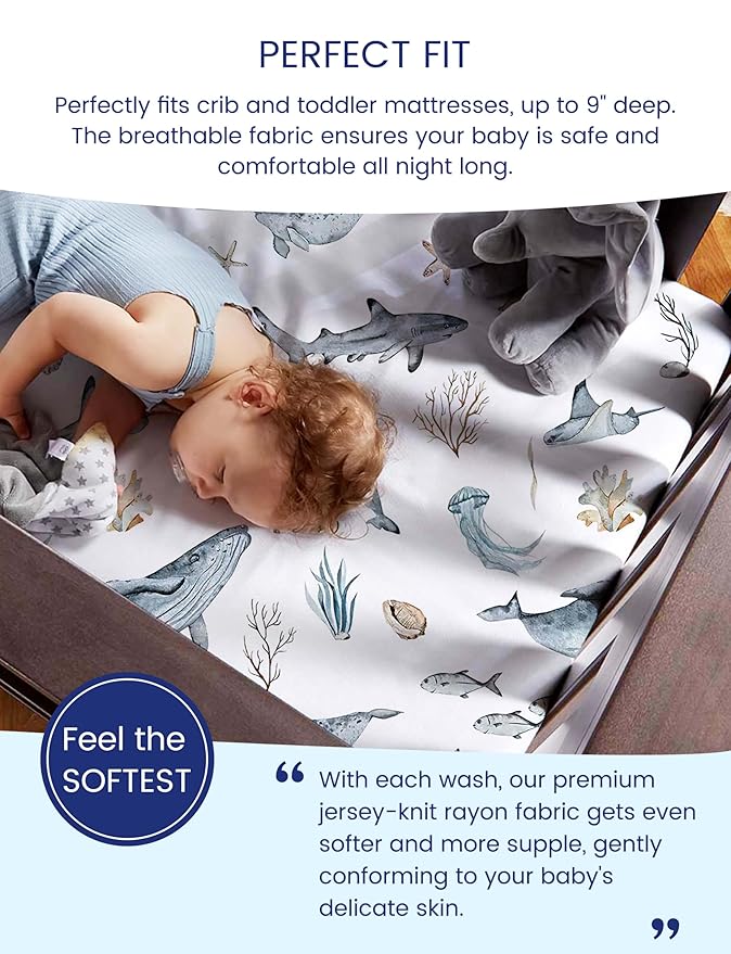 TotAha Crib Sheets for Boys Girls, Premium Soft Crib Mattress Fitted Sheet, Super Stretchy Jersey Knit Baby Sheets, Silky Comfort Baby Bed Sheets 28x52x9 Extra Deep Pocket, 2 Pack (Sea Animal)