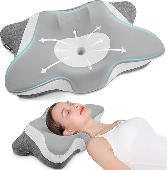 DONAMA Cervical Neck Pillow for Sleeping, Ergonomic Memory Foam Pillows with Built-in/Removable Small Neck Support Pillow, Contour Bed Pillows for Side Back Stomach Sleepers with Cooling Pillowcase