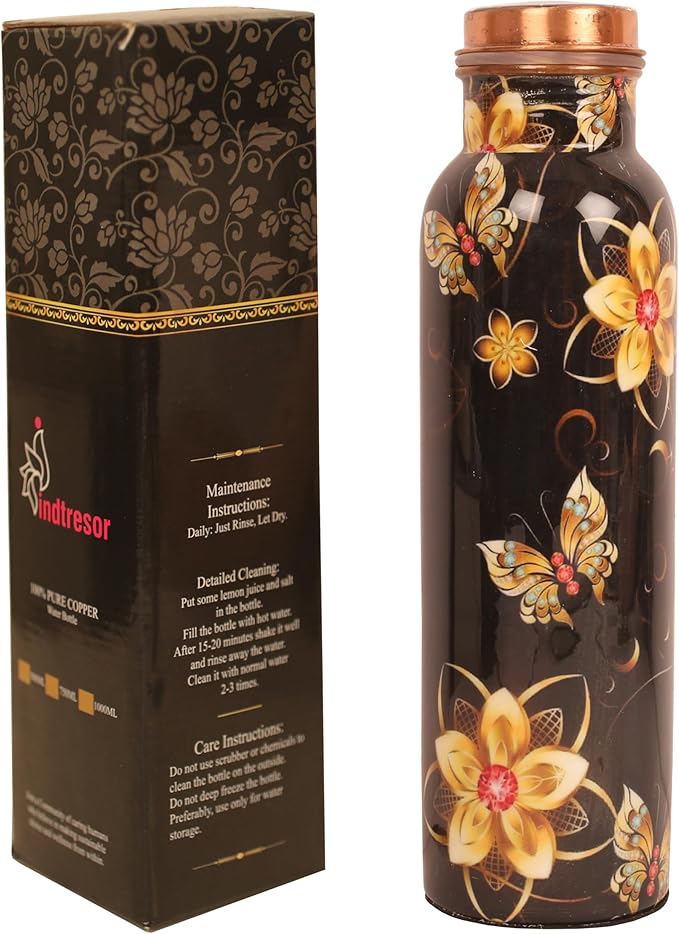 Pure Copper Water Bottle - Handcrafted - Ayurveda health benefits - Large 35 oz - Leak proof - Easy to carry for Sports, Fitness, Yoga, School - Black Base Floral Textured Colorful