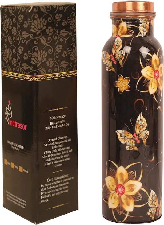 Pure Copper Water Bottle - Handcrafted - Ayurveda health benefits - Large 35 oz - Leak proof - Easy to carry for Sports, Fitness, Yoga, School - Black Base Floral Textured Colorful