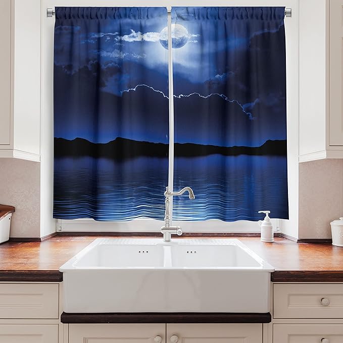 Ambesonne Night Kitchen Curtains, Fantasy Moon and Clouds Over Calm Water Seascape Dramatic Cloudy Dark Sky, Window Drapes 2 Panel Set for Kitchen Cafe Decor, 55" x 39", Navy Blue