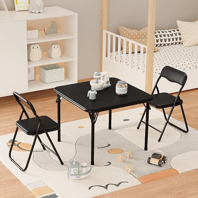 IDEALHOUSE Boys and Girls Folding Table and Chairs Set of 3, Portable Table and Chair with Pu Soft Cushion,Suitable for Eating,Reading and Playing