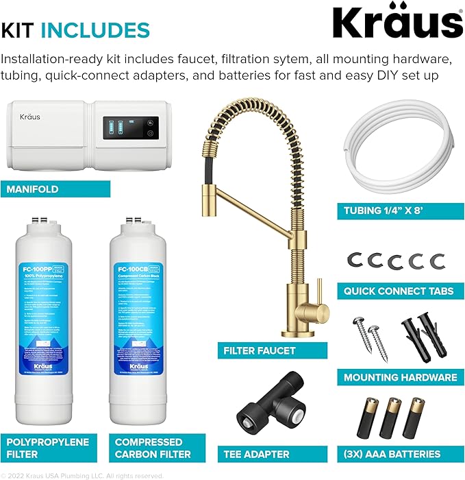 KRAUS Purita 2-Stage Under-Sink Filtration System with Single Handle Drinking Water Filter Faucet in Brushed Brass, FS-1000-FF-104BB