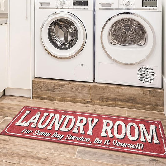 Ottomanson Laundry Collection Non-Slip Rubberback Laundry Text Design 2x5 Laundry Room Runner Rug, 20" x 59", Red