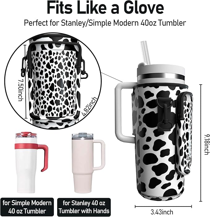 Water Bottle Carrier Bag with Phone Pocket for 40oz Tumbler with Handle, Adjustable Strap Neoprene Water Bottle Sleeve Pouch for Hiking Camping Travelling. (Cow)