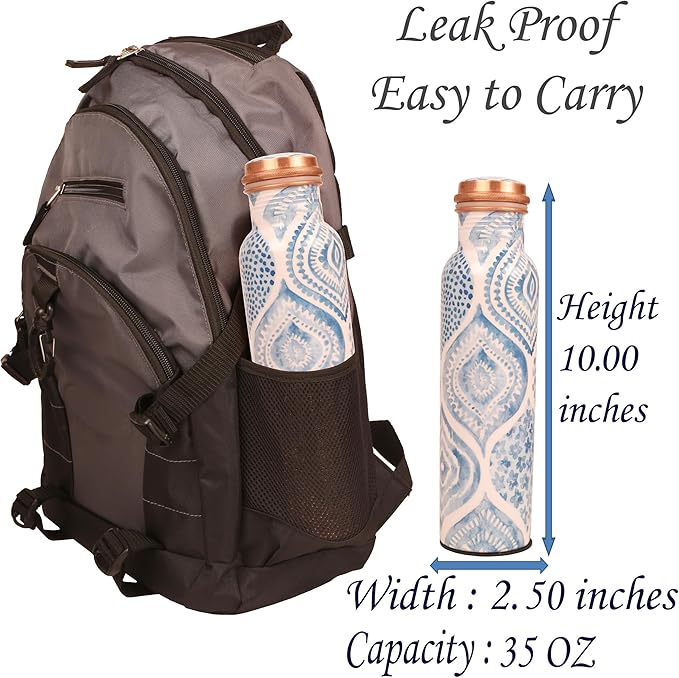 Pure Copper Water Bottle - Handcrafted - Ayurveda health benefits - Large 35 oz - Leak proof - Easy to carry for Sports, Fitness, Yoga, School - Sky Blue Artistic Patterns Enamel