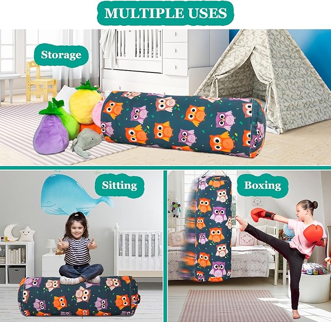 Stuffed Animal Bean Bag Storage Chair for Kids Cover Only (No Filler), Organize, Sit, Play & Boxing, 100% Cotton Canvas Washable, Ultra Soft Cylinder Long Vertical Zipper Best Gift for Child