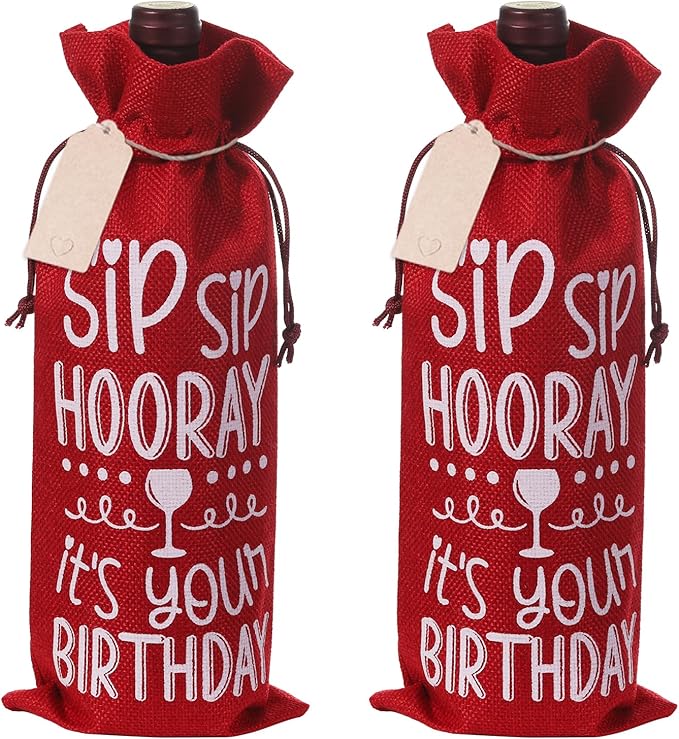 SIRIPHUM Burlap Wine Bags,2PCS Birthday Wine Bottle Gift Bags,Drawstring,Gift Tags,Bottle Cover Tabletop Birthday Party Decor (“Sip Sip Hooray”-Red)