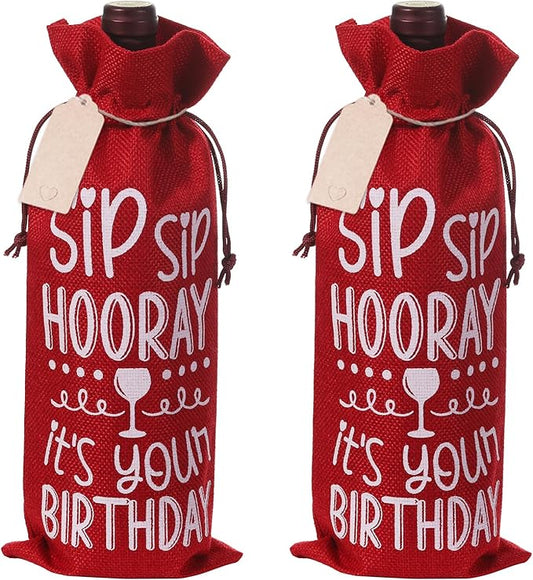 SIRIPHUM Burlap Wine Bags,2PCS Birthday Wine Bottle Gift Bags,Drawstring,Gift Tags,Bottle Cover Tabletop Birthday Party Decor (“Sip Sip Hooray”-Red)