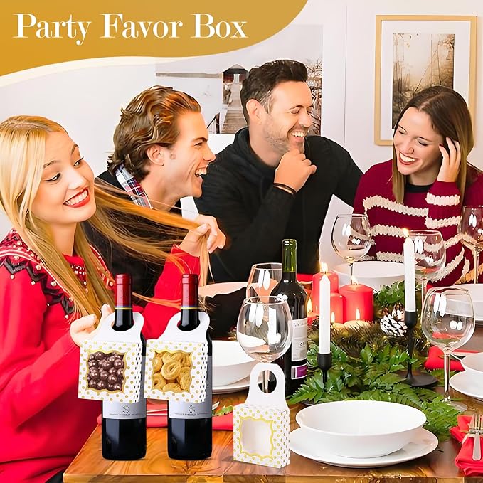 ISKYBOB 20PCS Wine Bottle Box with Window, Kraft Paper Wine Boxes for Birthday Gifts Hanging Wine Treat Box Mini Charcuterie Boxes Champagne Bottles Gift Boxes Candy Box for Party Favor (White Gold)