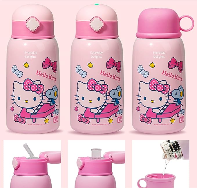 Everyday Delights Sanrio Hello Kitty Stainless Steel Insulated Water Bottle Double Covers with Cup, Straw and Bag White 600ml