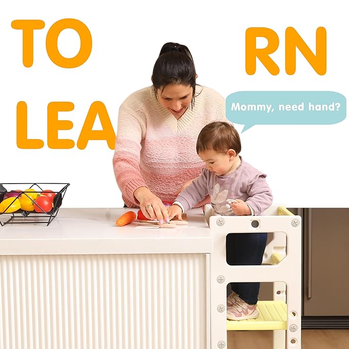 SDADI Mother's Helper Adjustable Height Plastic Kitchen Step Stool for Children, Kids Toddlers Counter Level Learning Stool for Kitchen & Bathroom, Beige and Yellow