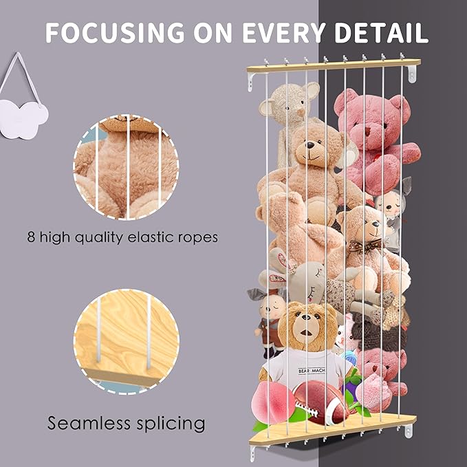 Stuffed Animal Storage Wood Corner Plush Toys Holder, Length Adjustable Hanging Stuffed Animal Toy Organizer Shelf for Nursery Kid Room Play Room Bedroom