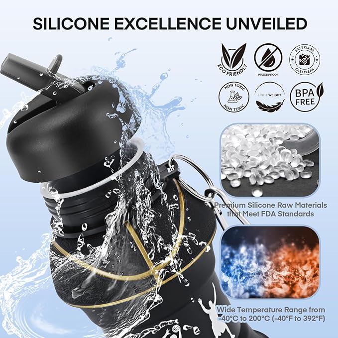 Kids Sports Collapsible Water Bottle | Ball Shaped Drinking Cup | Foldable BPA Free Leakproof Lightweight Silicon Jug | School Lunch Mug Team Gift Travel (Basketball Black 550ml/18.6oz)