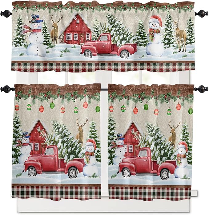 Christmas Kitchen Curtains and Valances Set, Farm Red Truck Window Treatments Tiers Winter Holiday Snowman Semi Sheer Half/Short Curtains for Small Windows Cafe /Living Room/ Bedroom 54x24 in