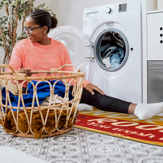 Machine Washable Bubbles Design Laundry Room Rug Non-Slip Rubberback 2x5 Laundry Runner Rug for Laundry Room, Bathroom, Washroom, 20" x 59" Oval, Red/Yellow