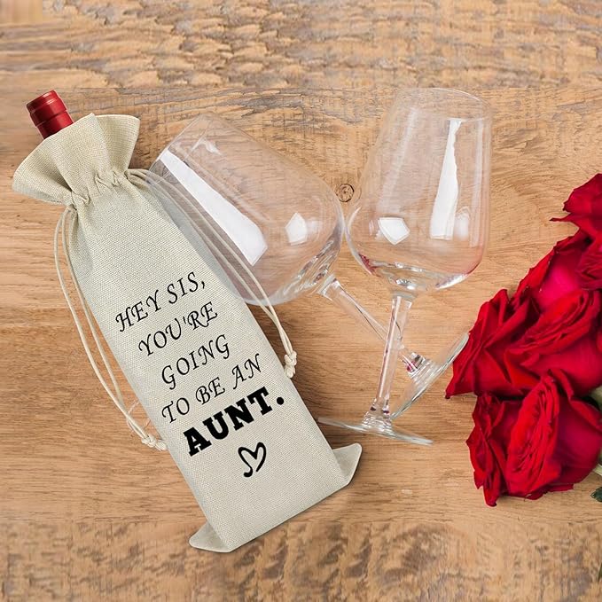 Baby Announcement Gift Aunt Gift for Sister Wine Bag Promoted to Aunt Gift for Women Pregnancy Announcement Gift for Aunt to be Cousins Siblings Cotton Burlap Wine Wrap Bag New Auntie Gift Christmas