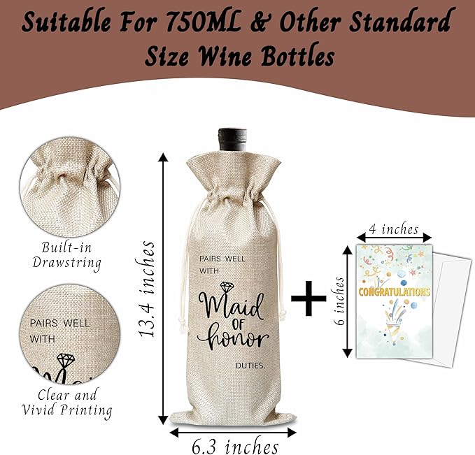 Xanev Maid Of Honor Gifts, Wedding Wine Gift Bag, Bridal Shower Gifts For Bridesmaid, Pairs Well With Maid Of Honor Wine Bag, Engagement Bachelorette Party Decoration Supplies Favors, B34