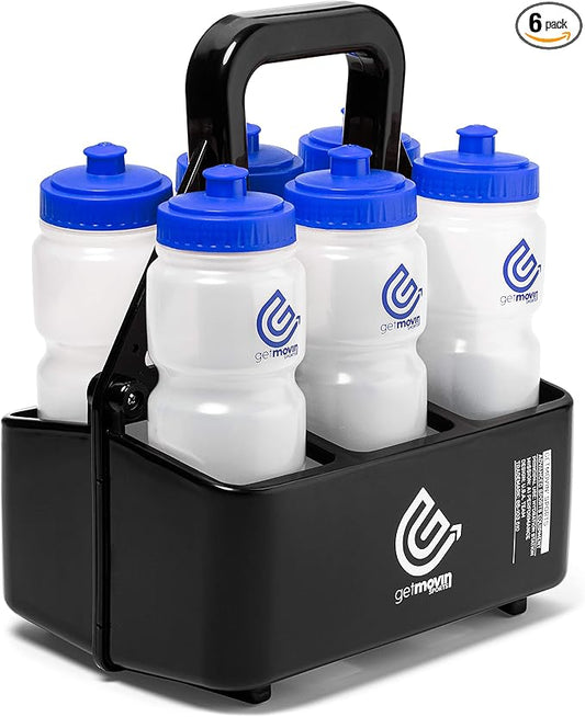 Premium Hydration Station Includes 6 Ergonomic Squeeze Water Bottles Black And 1 Water Bottle Carrier (Blue)