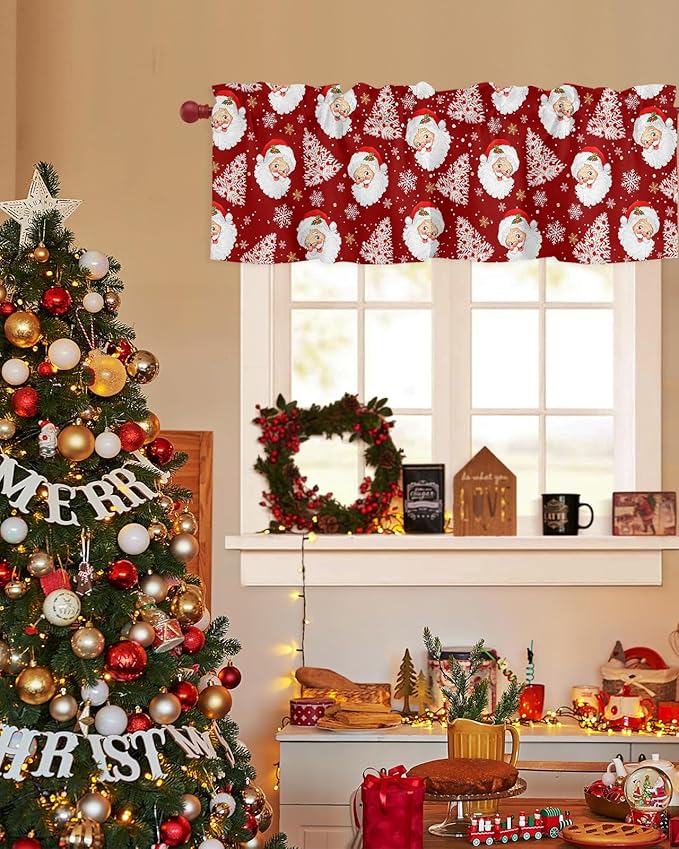 Red Christmas Valance Curtains for Kitchen Windows Santa Claus Merry Christmas Tree Rod Pocket Window Treatment Toppers for Kitchen/Living Room/Bedroom/Bathroom, 42" X 18", Winter Snowflake