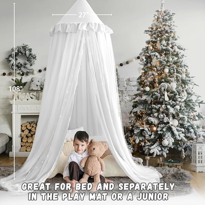 Bed Canopy with String Light, Double Layer Mosquito Net Bed Canopies White Princes Fairy Canopy Tent for Girls, Adults, Hanging Bed Tent Drapes Bed Curtains Reading Nook, 27''x108''