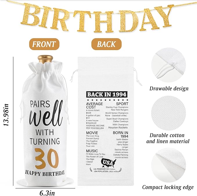 Lifecapido 30th Birthday Gifts for Women, Vintage 1994 Limited Edition Insulated Wine Tumbler with Wine Bag, 30 Year Old 30th Birthday Presents Christmas Gifts for Sisters Wine Lover Friends, 12 oz