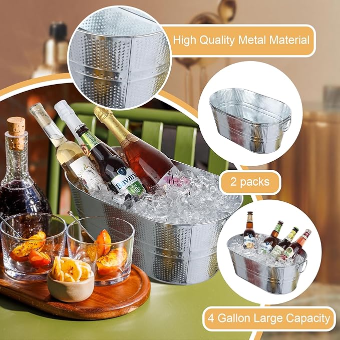 Galvanized Tub Dot Beverage Tubs 2pcs Metal Ice Buckets for Cocktail Bar 3 Gallon Wine Beer Drink Buckets with Handles Large Tub Cooler Mimosa Bar Supplies Ice Bucket for Parties (Galvanized 2pcs)