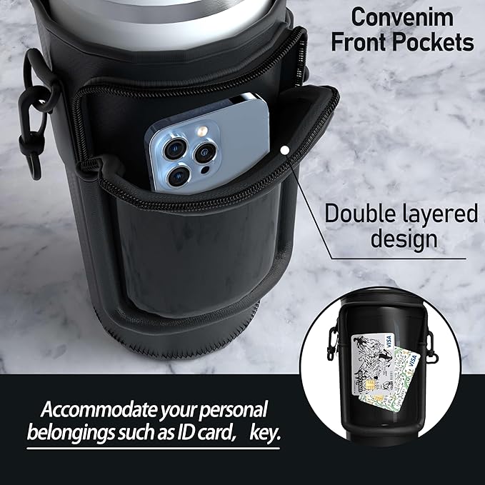 Water Bottle Carrier Bag with Phone Pocket for 40oz Tumbler with Handle, Adjustable Strap Neoprene Water Bottle Sleeve Pouch for Hiking Camping Travelling. (Black)