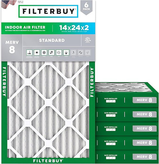 Filterbuy 14x24x2 Air Filter MERV 8 Dust Defense (6-Pack), Pleated HVAC AC Furnace Air Filters Replacement (Actual Size: 13.50 x 23.50 x 1.75 Inches)